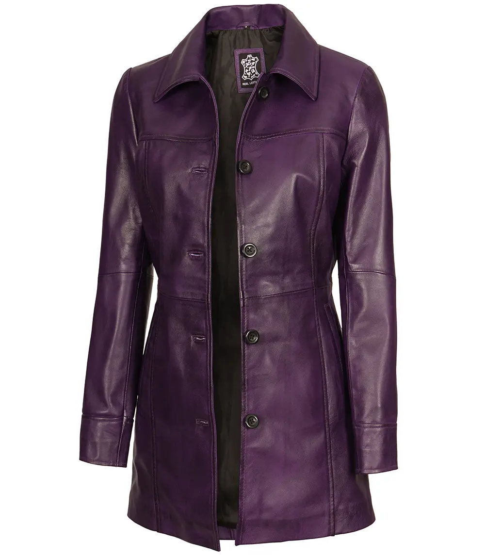 Women's 3/4 Length Button Down Purple Leather Coat