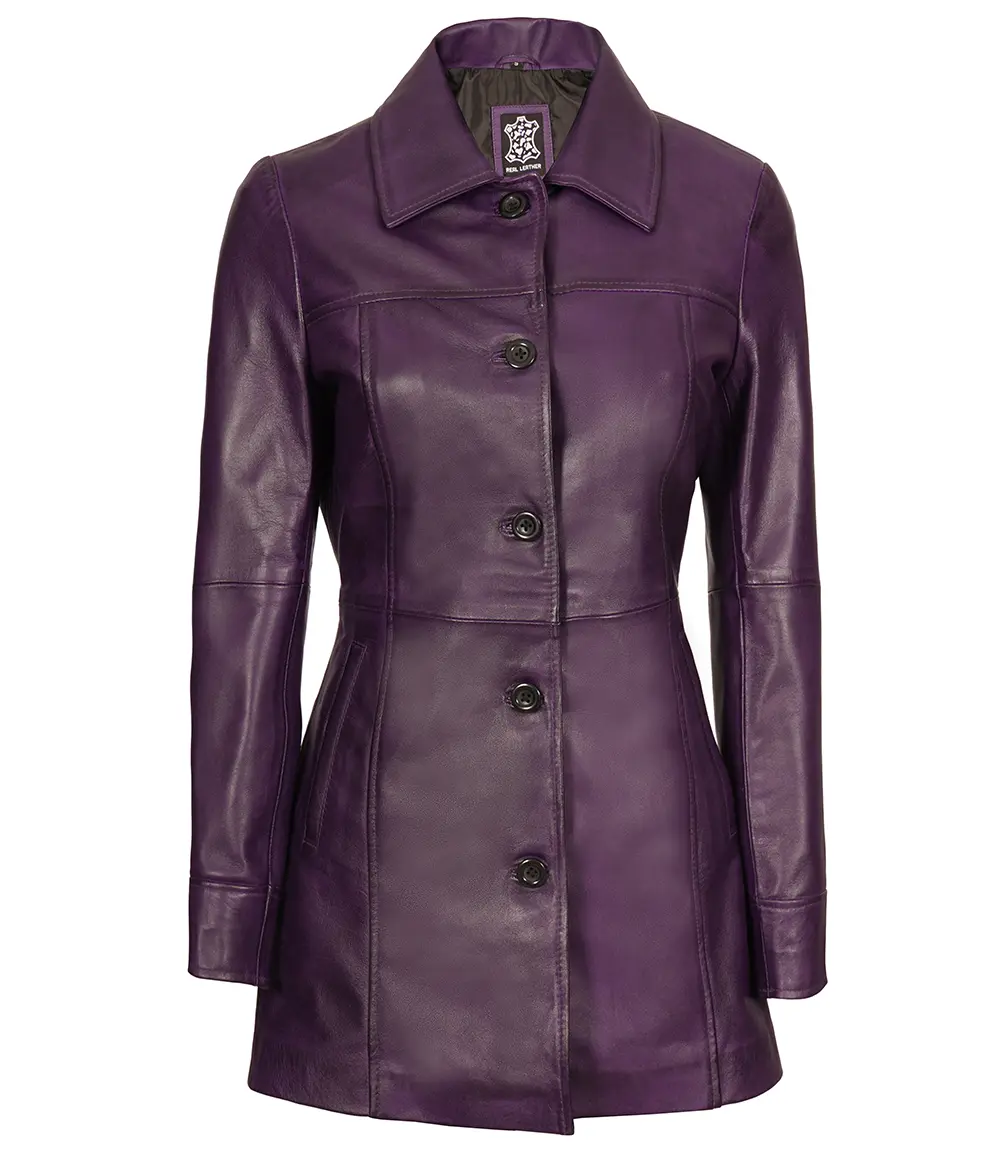 Women's 3/4 Length Button Down Purple Leather Coat