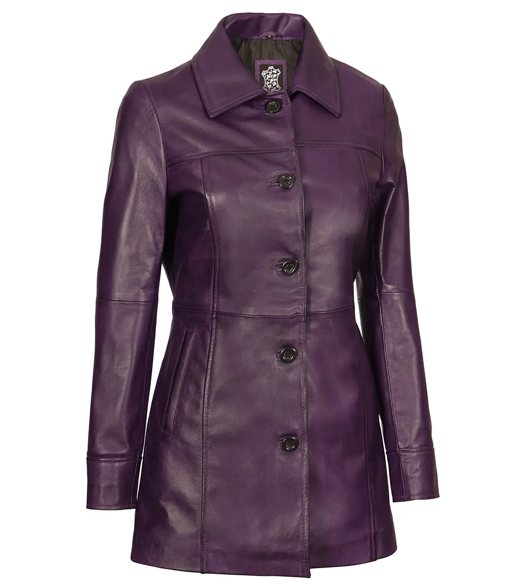 Women's 3/4 Length Button Down Purple Leather Coat