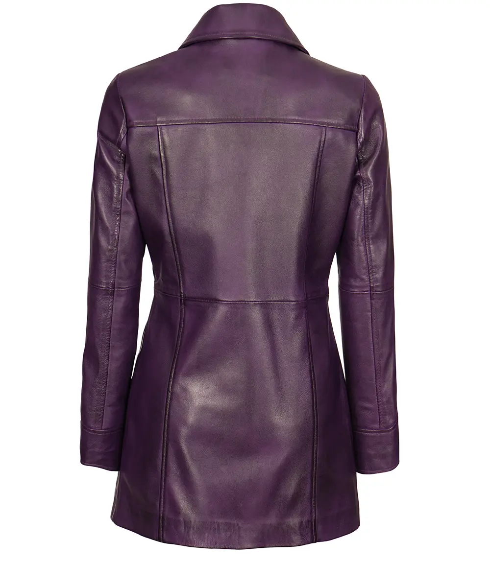 Women's 3/4 Length Button Down Purple Leather Coat