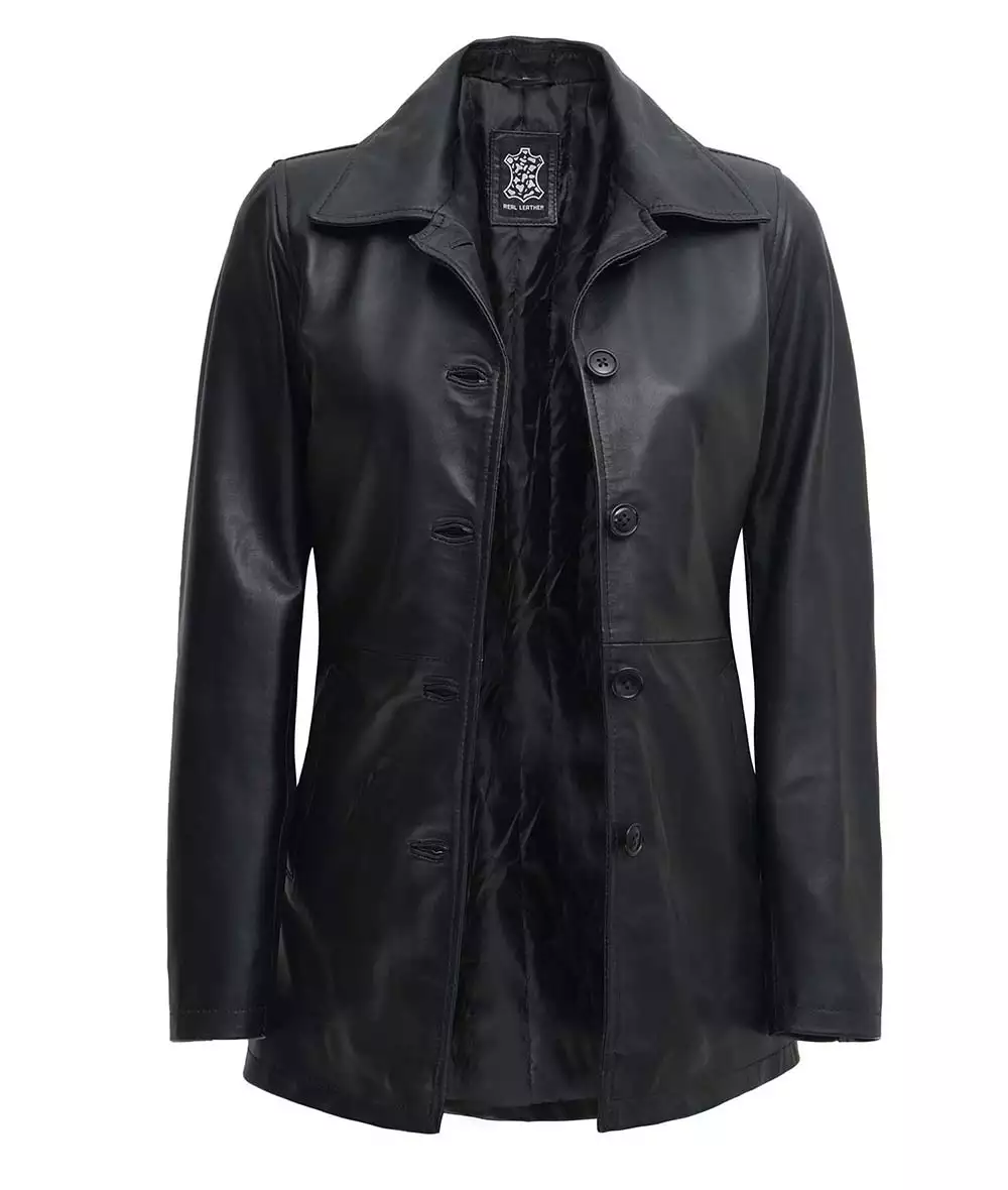 Women's Black 3 Quarter Length Leather Car Coat