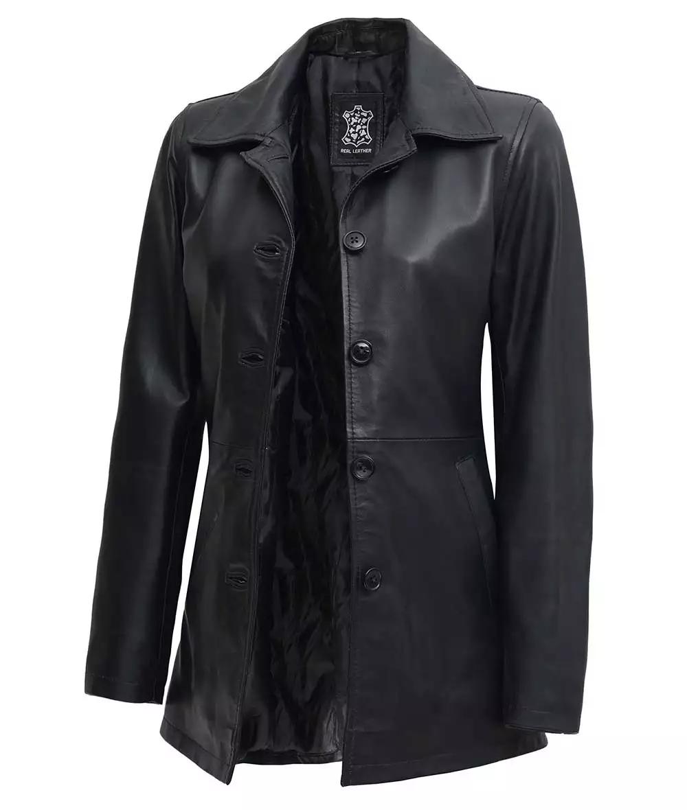 Women's Black 3 Quarter Length Leather Car Coat