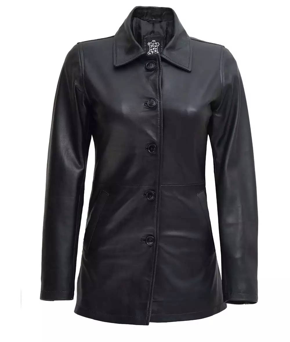 Women's Black 3 Quarter Length Leather Car Coat