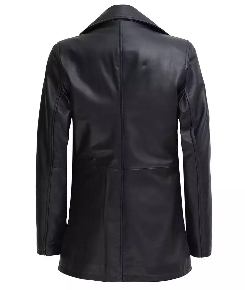 Women's Black 3 Quarter Length Leather Car Coat