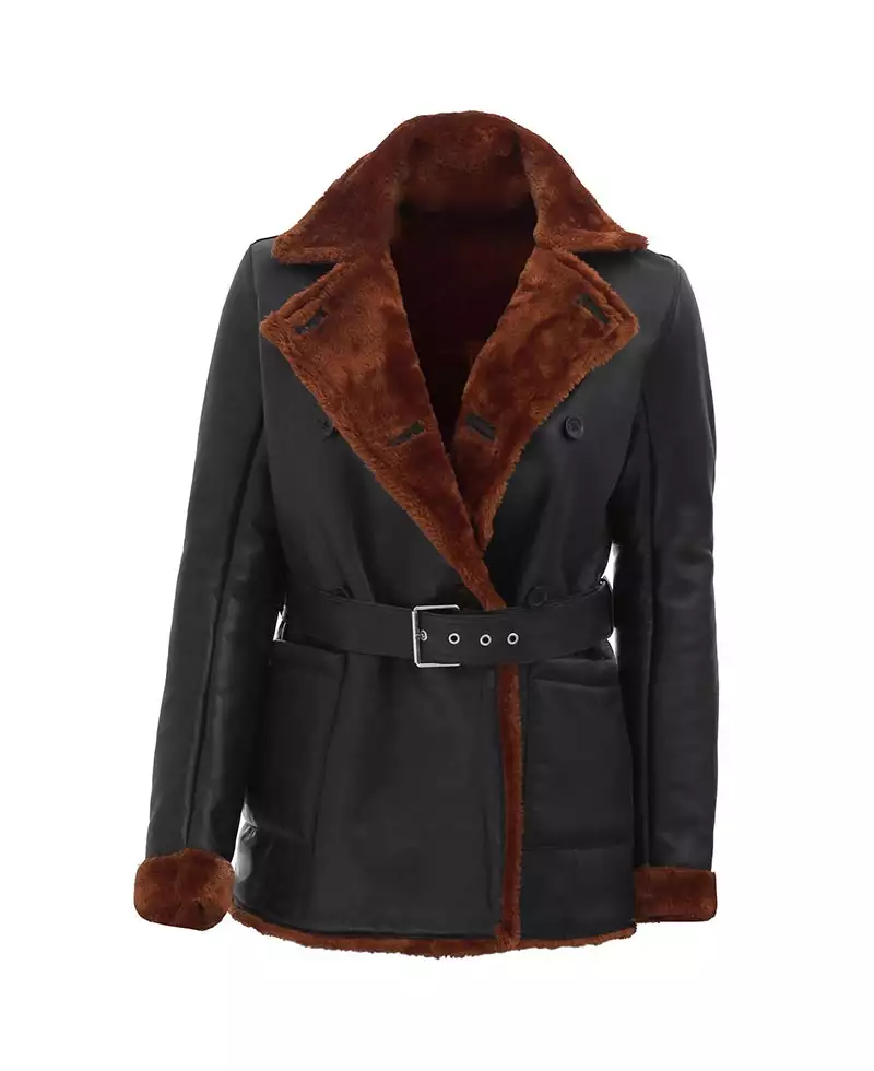 Women's Black Leather Belted Shearling Coat - Double-Breasted Style