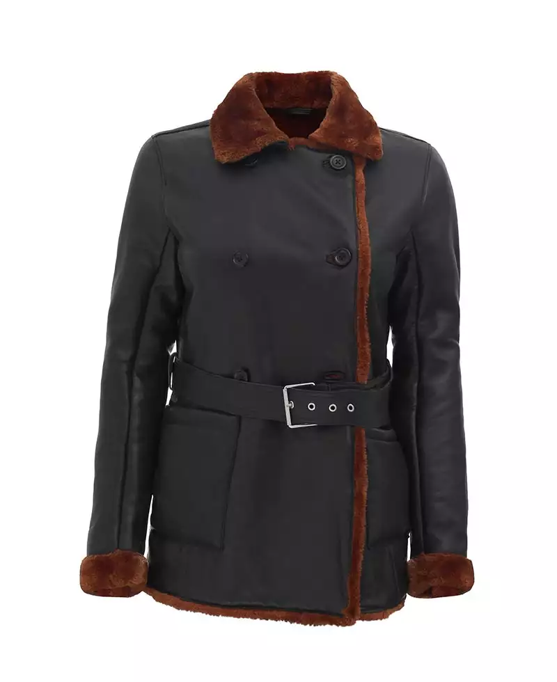 Women's Black Leather Belted Shearling Coat - Double-Breasted Style