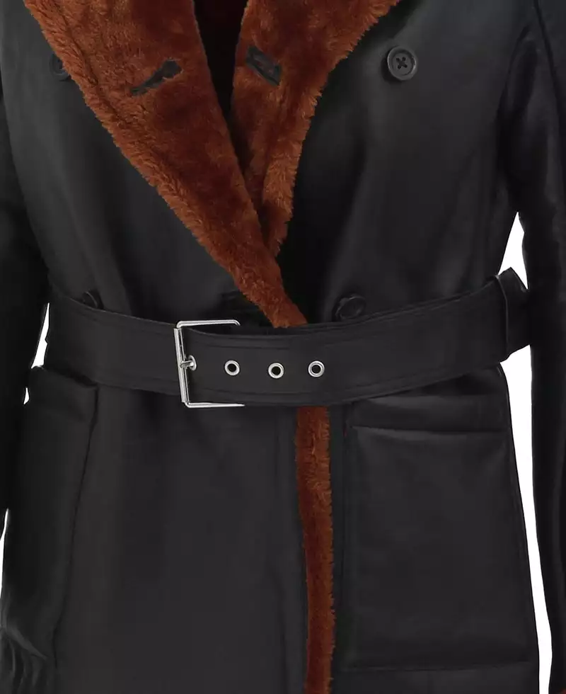 Women's Black Leather Belted Shearling Coat - Double-Breasted Style