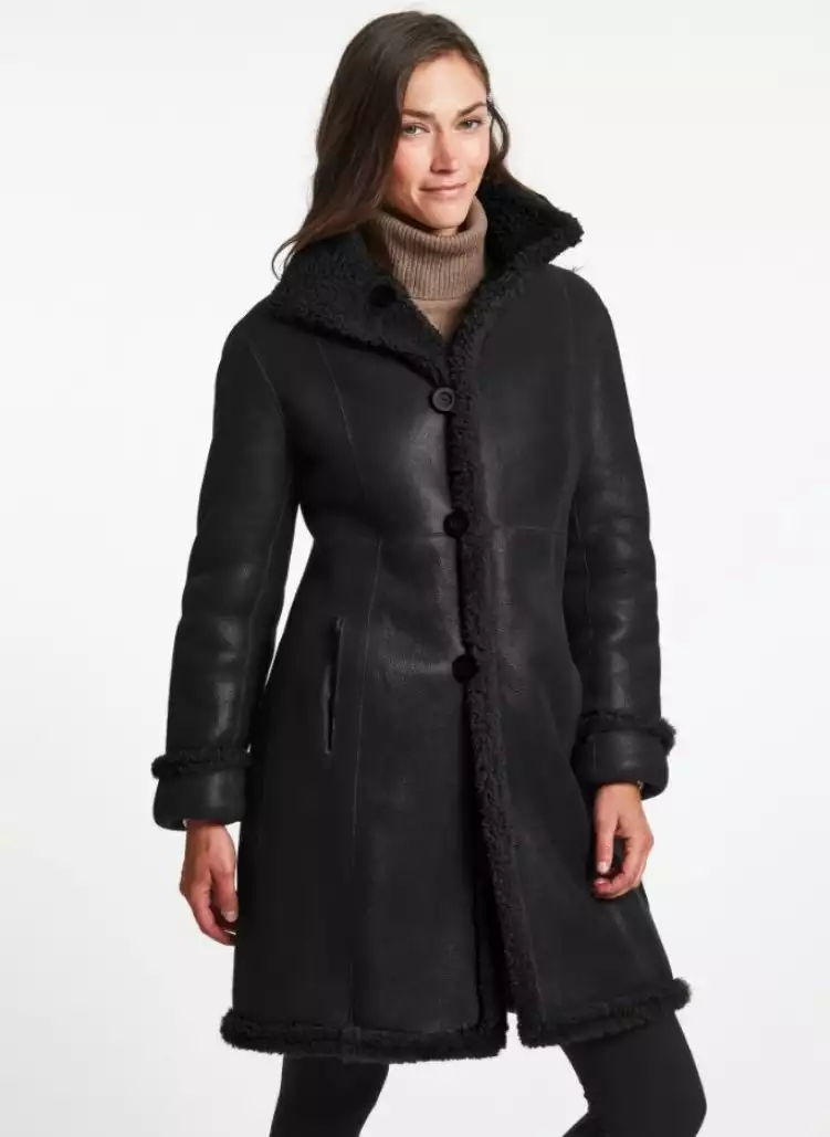 Women's Black Leather Shearling Coat - Premium Winter Coat