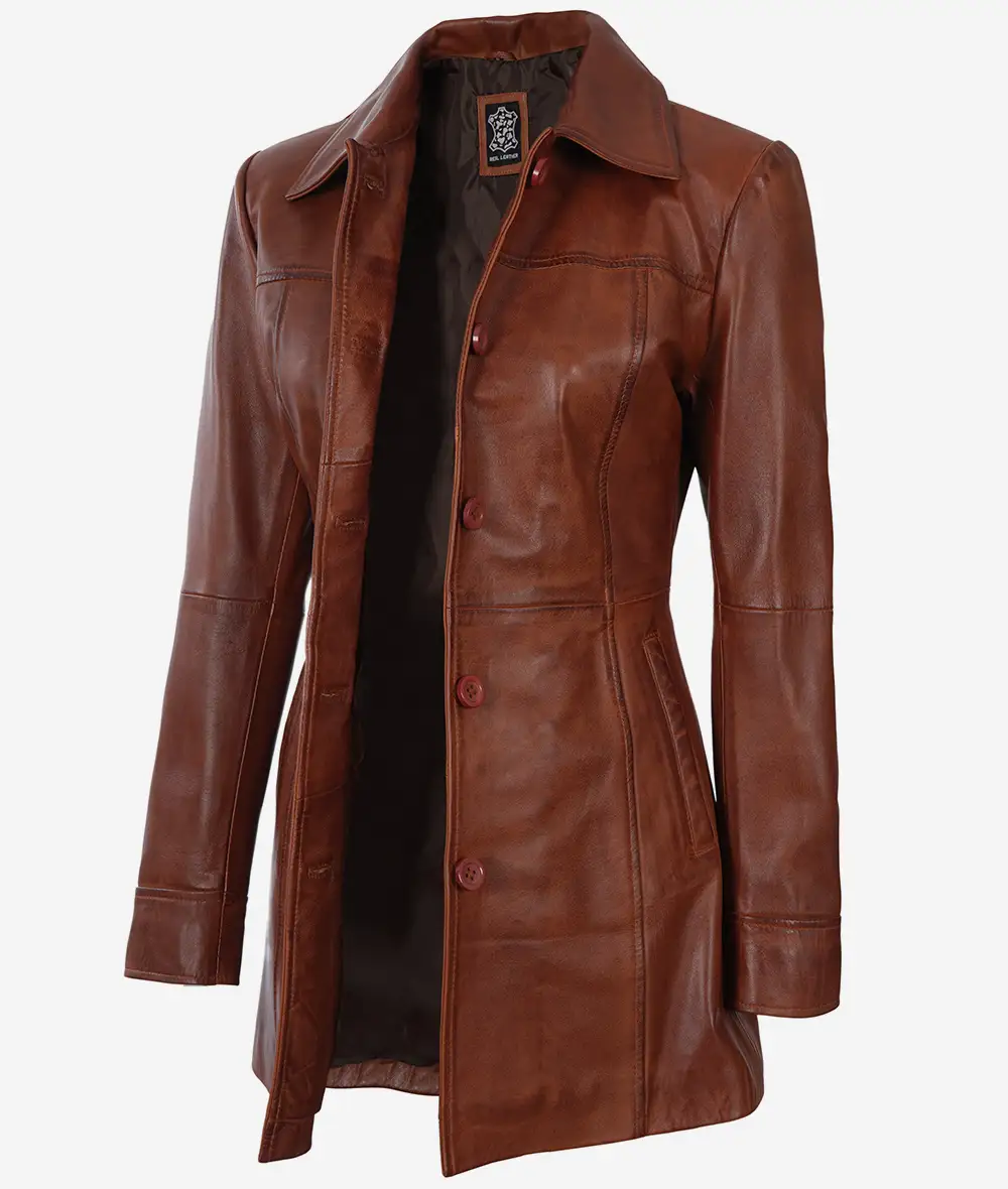 Women's Brown Wax Real Leather Car Coat [Petite]