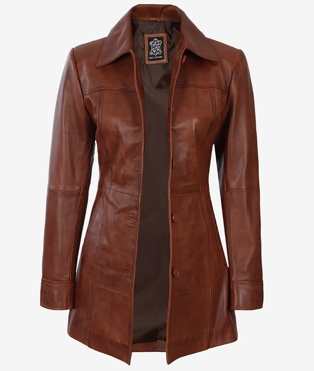 Women's Brown Wax Real Leather Car Coat [Petite]