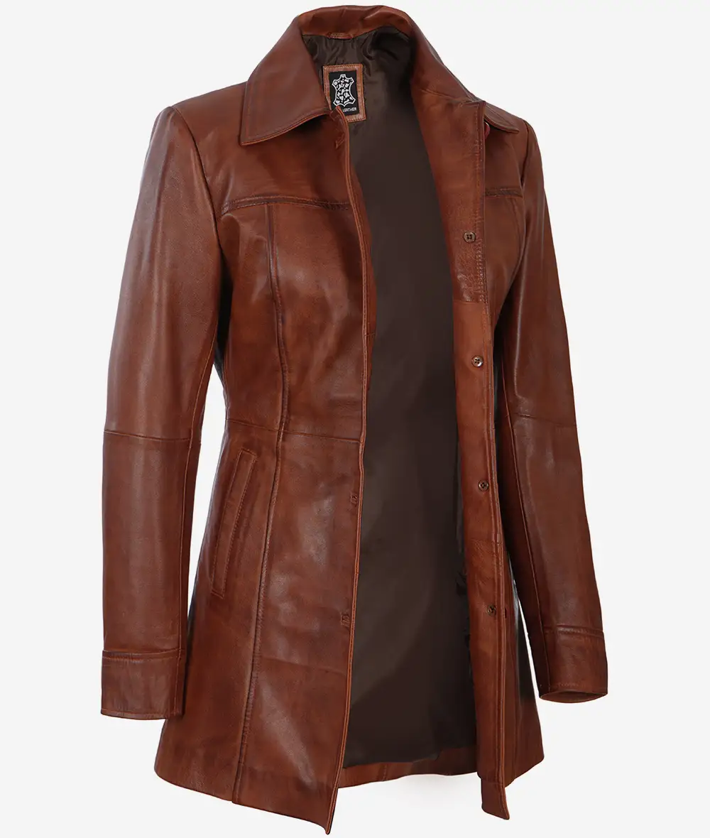 Women's Brown Wax Real Leather Car Coat [Petite]