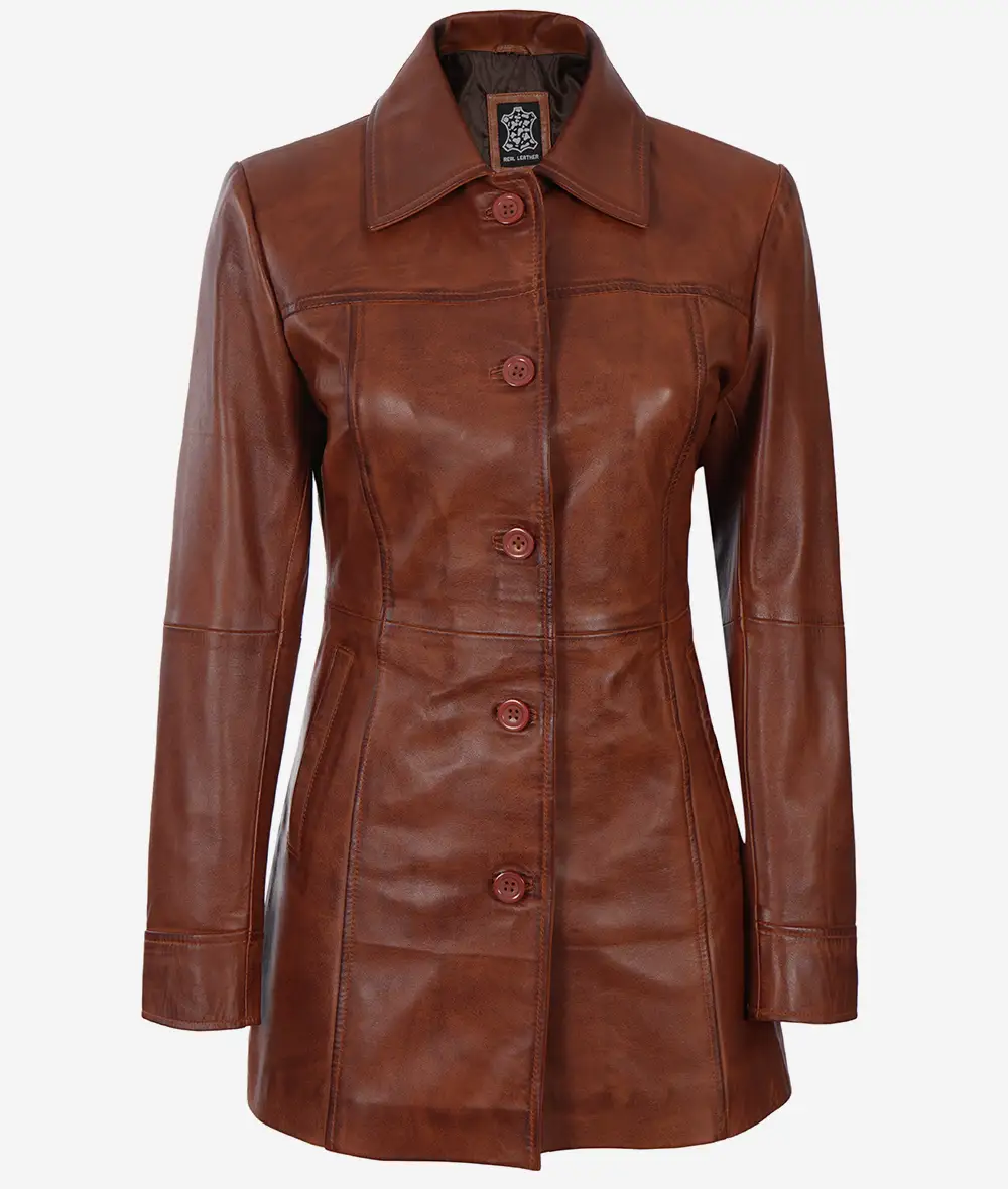 Women's Brown Wax Real Leather Car Coat [Petite]