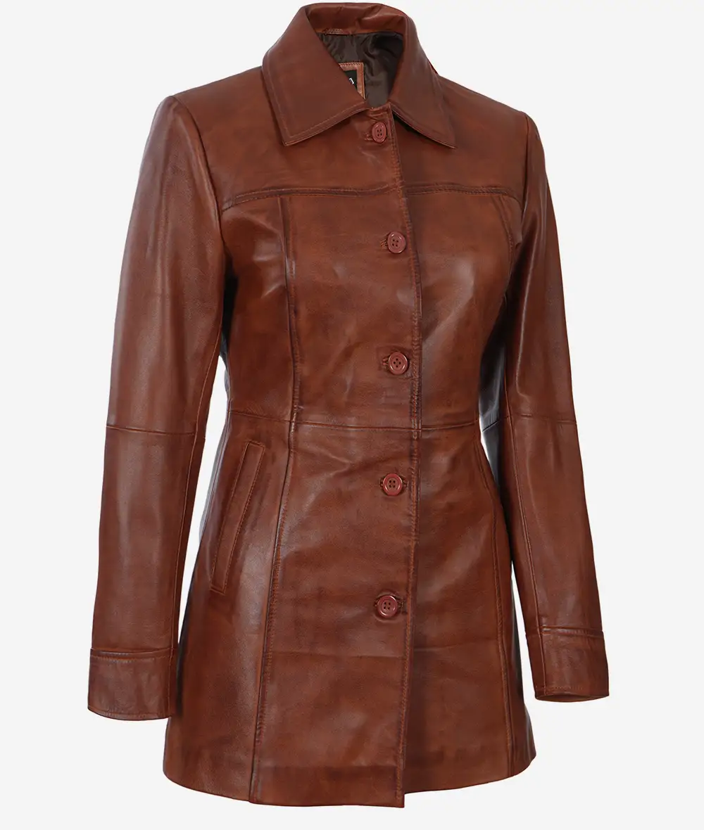 Women's Brown Wax Real Leather Car Coat [Petite]