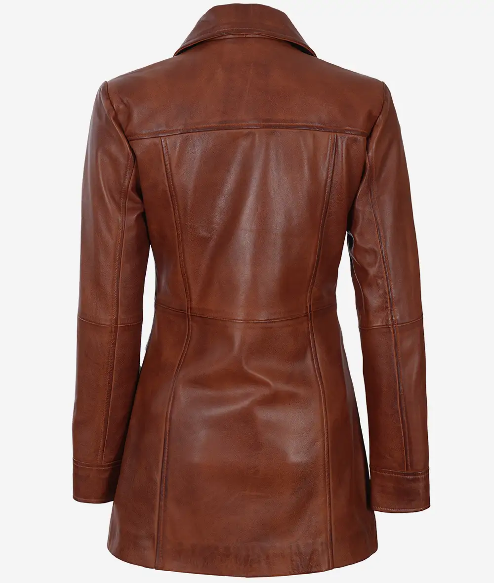 Women's Brown Wax Real Leather Car Coat [Petite]