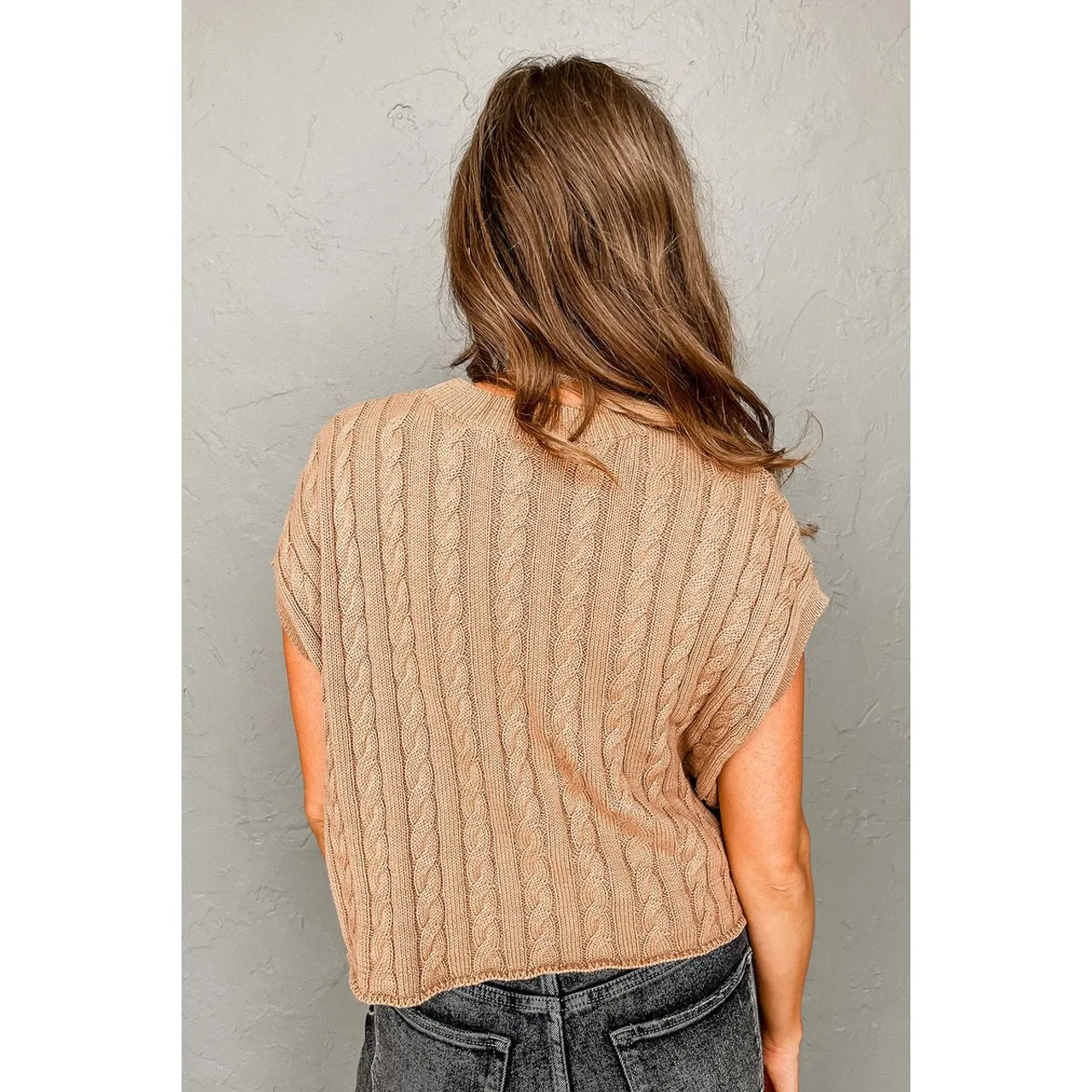 Women's Crew Neck Cable Knit Short Sleeve Sweater