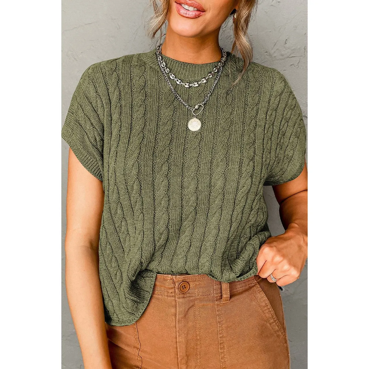 Women's Crew Neck Cable Knit Short Sleeve Sweater