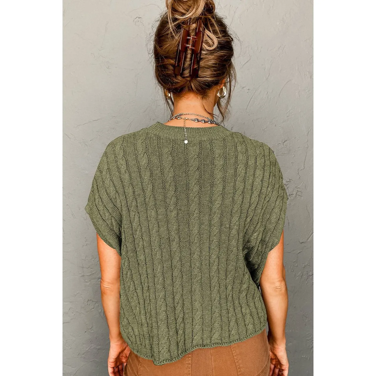 Women's Crew Neck Cable Knit Short Sleeve Sweater