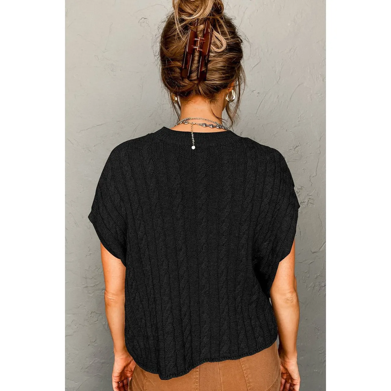 Women's Crew Neck Cable Knit Short Sleeve Sweater