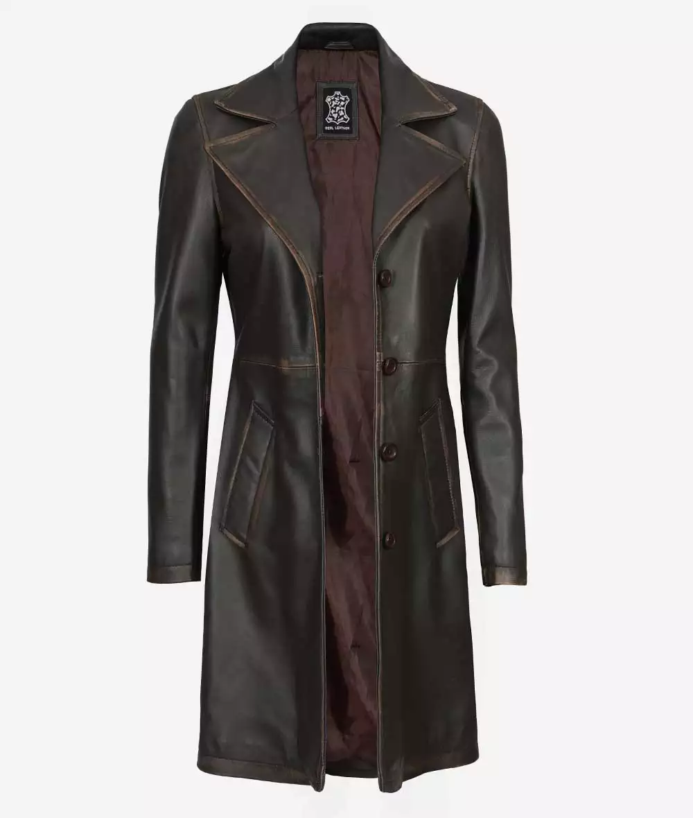 Women's Dark Brown 3/4 Length Leather Coat