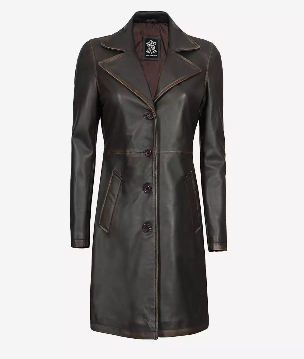 Women's Dark Brown 3/4 Length Leather Coat