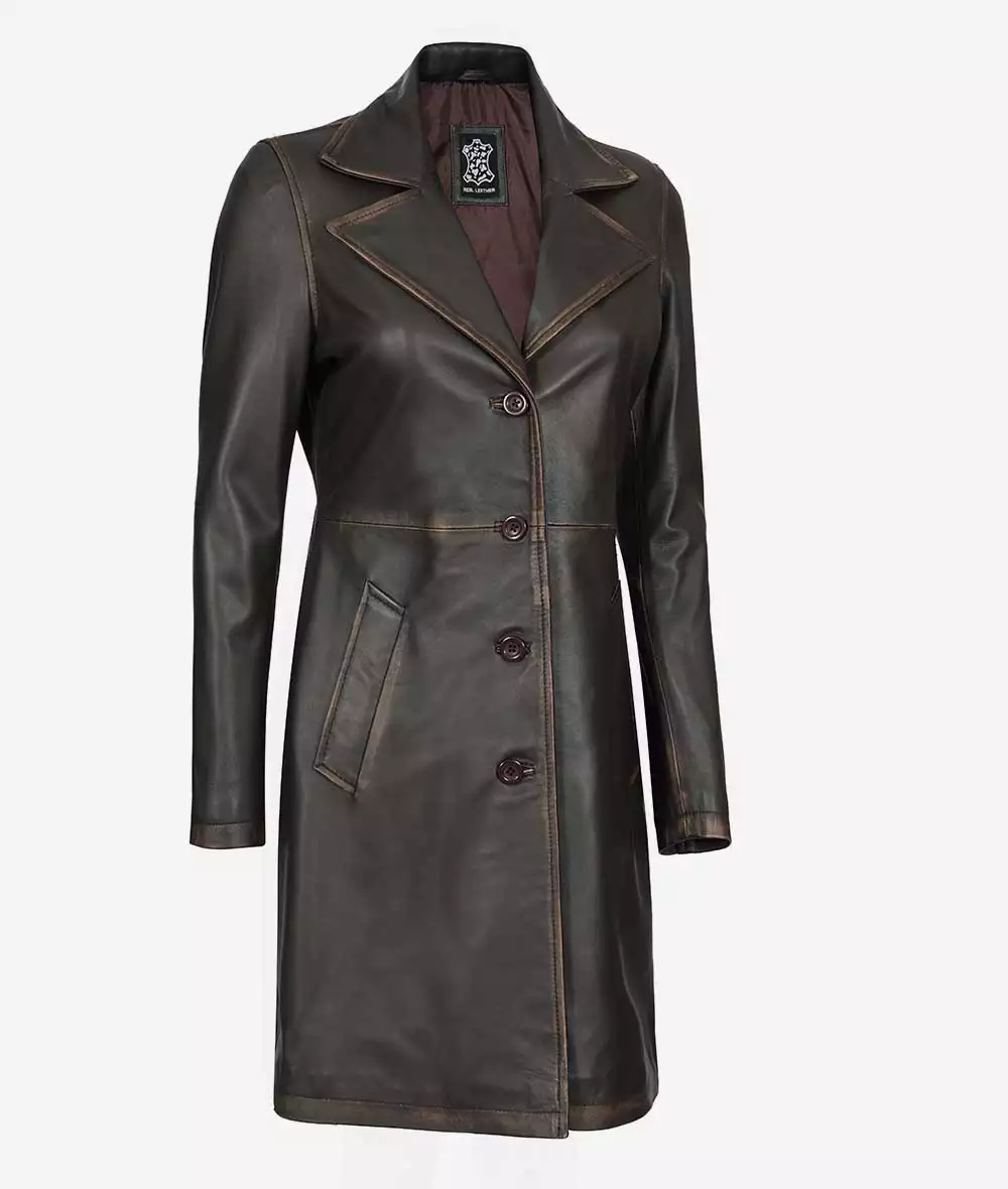 Women's Dark Brown 3/4 Length Leather Coat