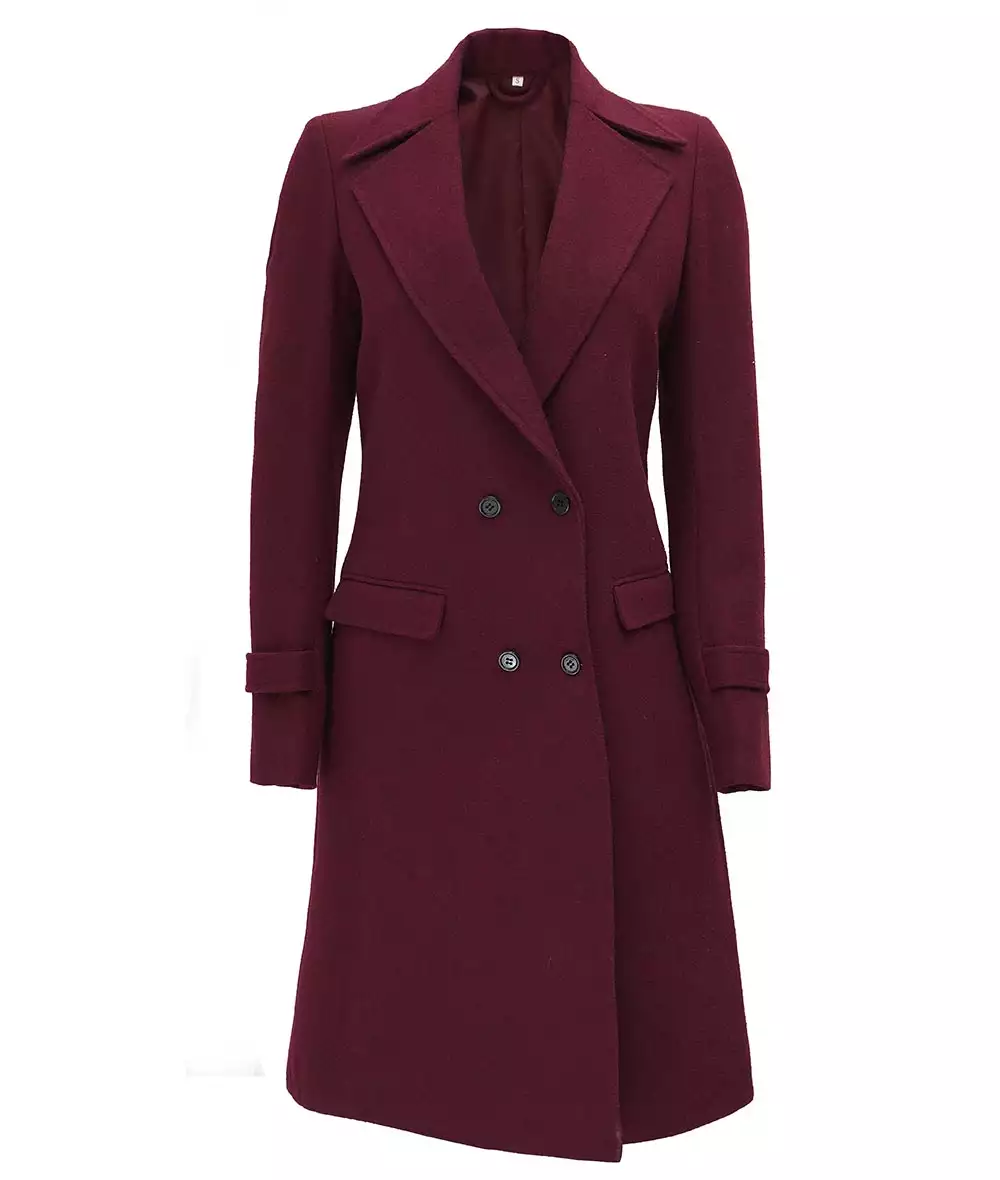 Women's Double Breasted Wool Coat – Maroon Long Winter Wrap Coat