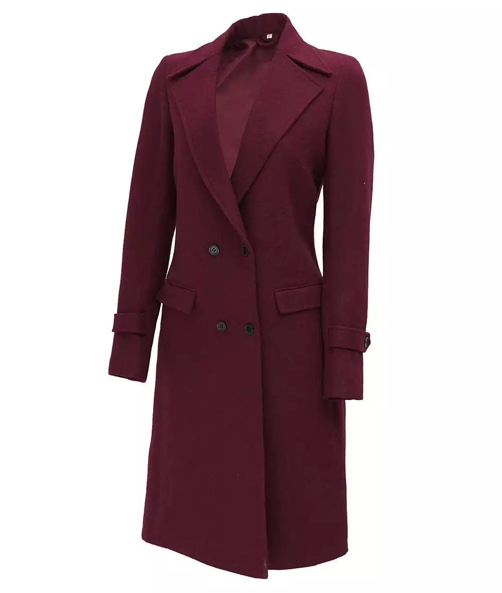 Women's Double Breasted Wool Coat – Maroon Long Winter Wrap Coat