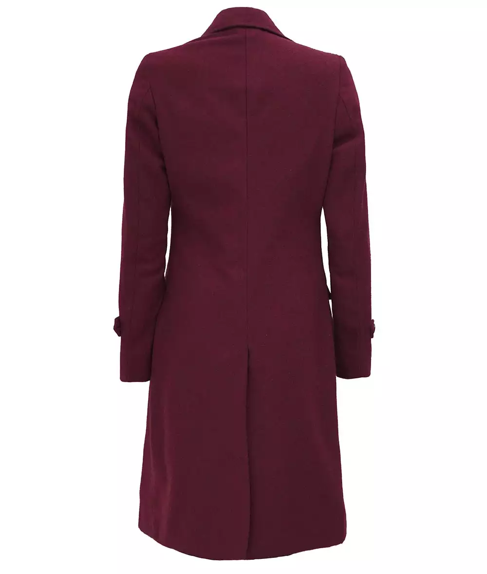 Women's Double Breasted Wool Coat – Maroon Long Winter Wrap Coat