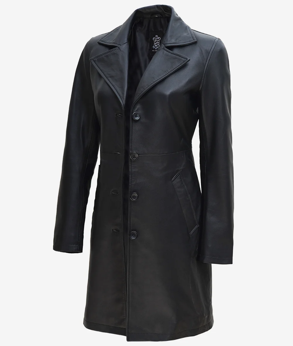 Women's Long Black Leather Trench Coat