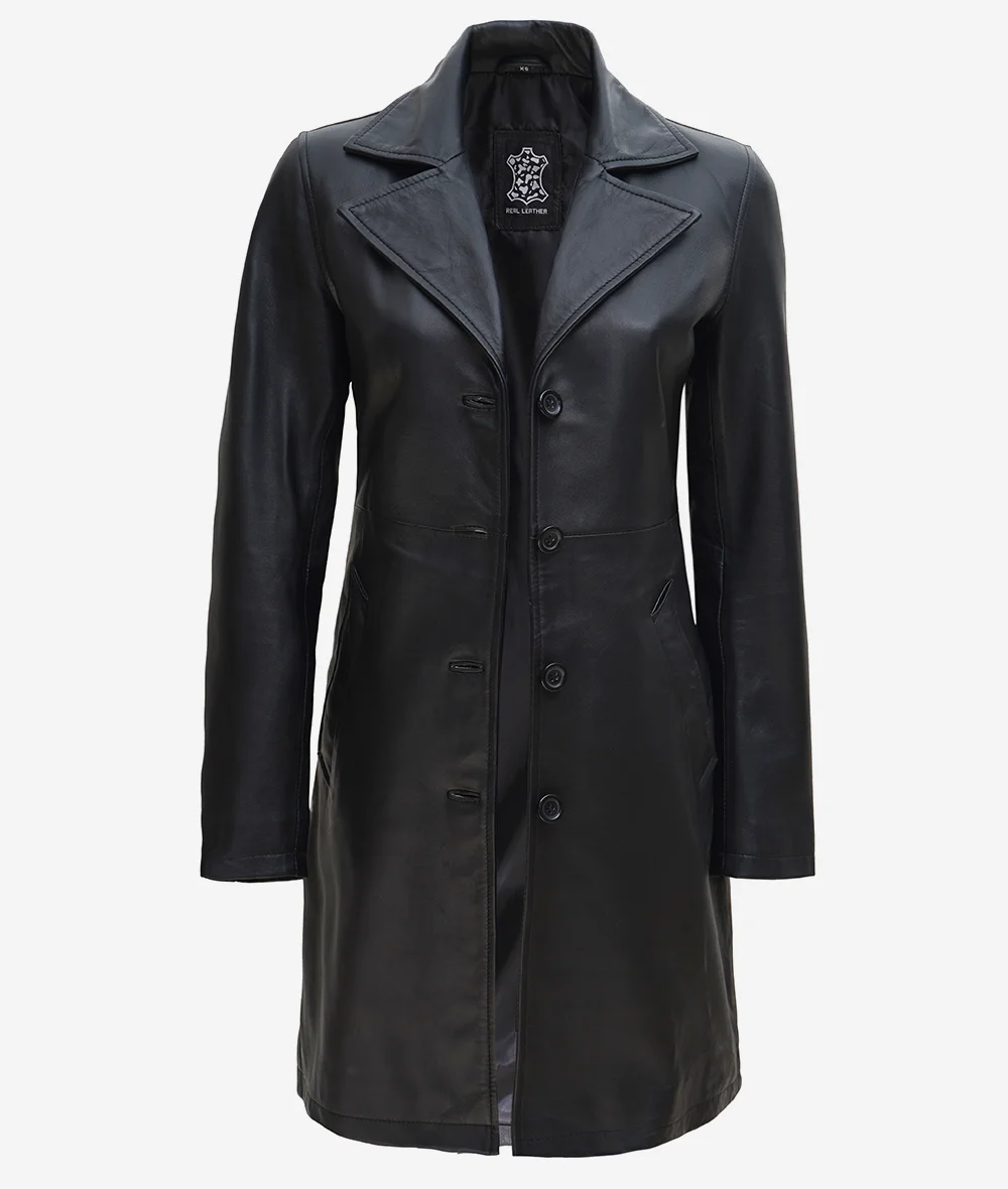 Women's Long Black Leather Trench Coat