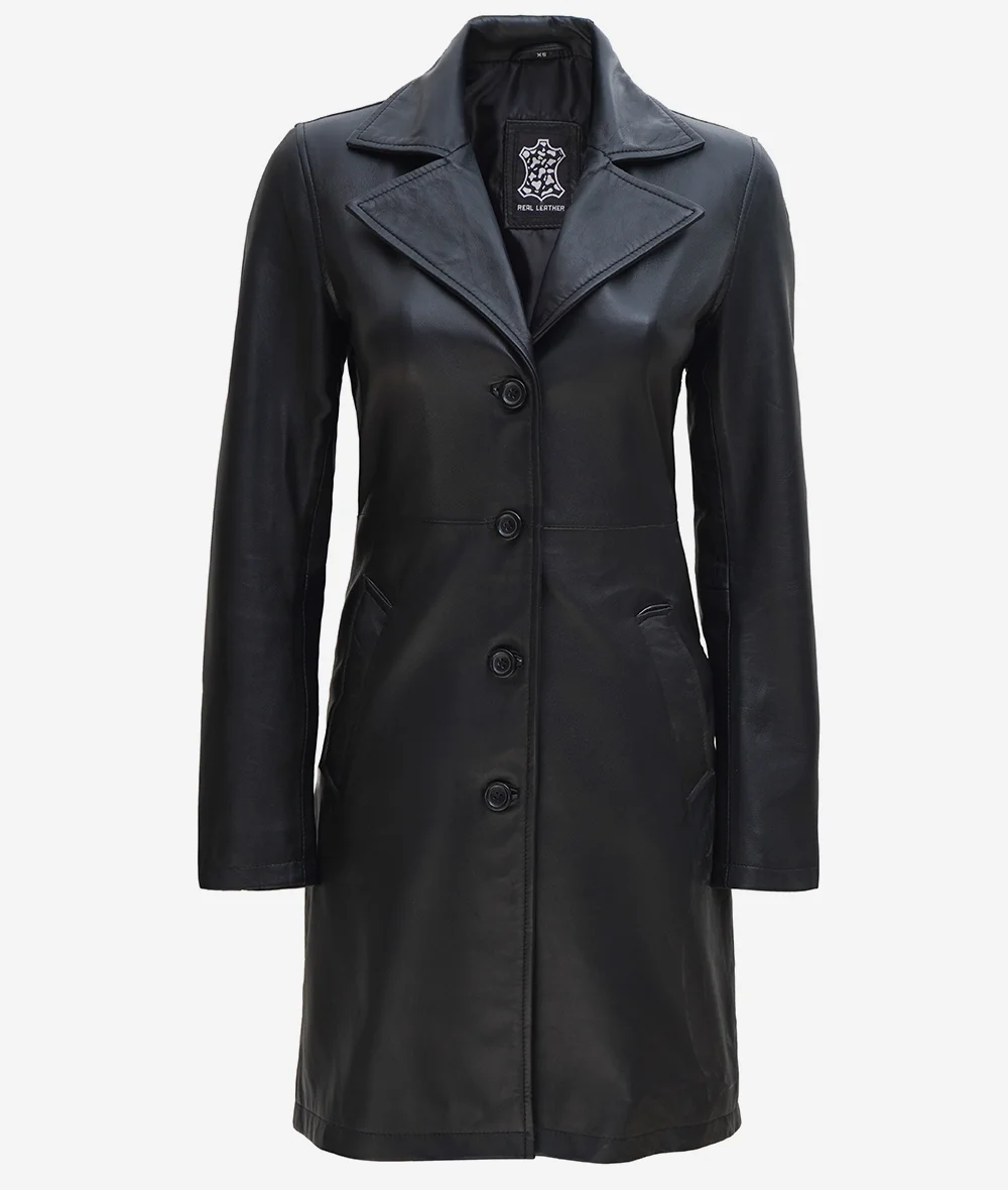 Women's Long Black Leather Trench Coat