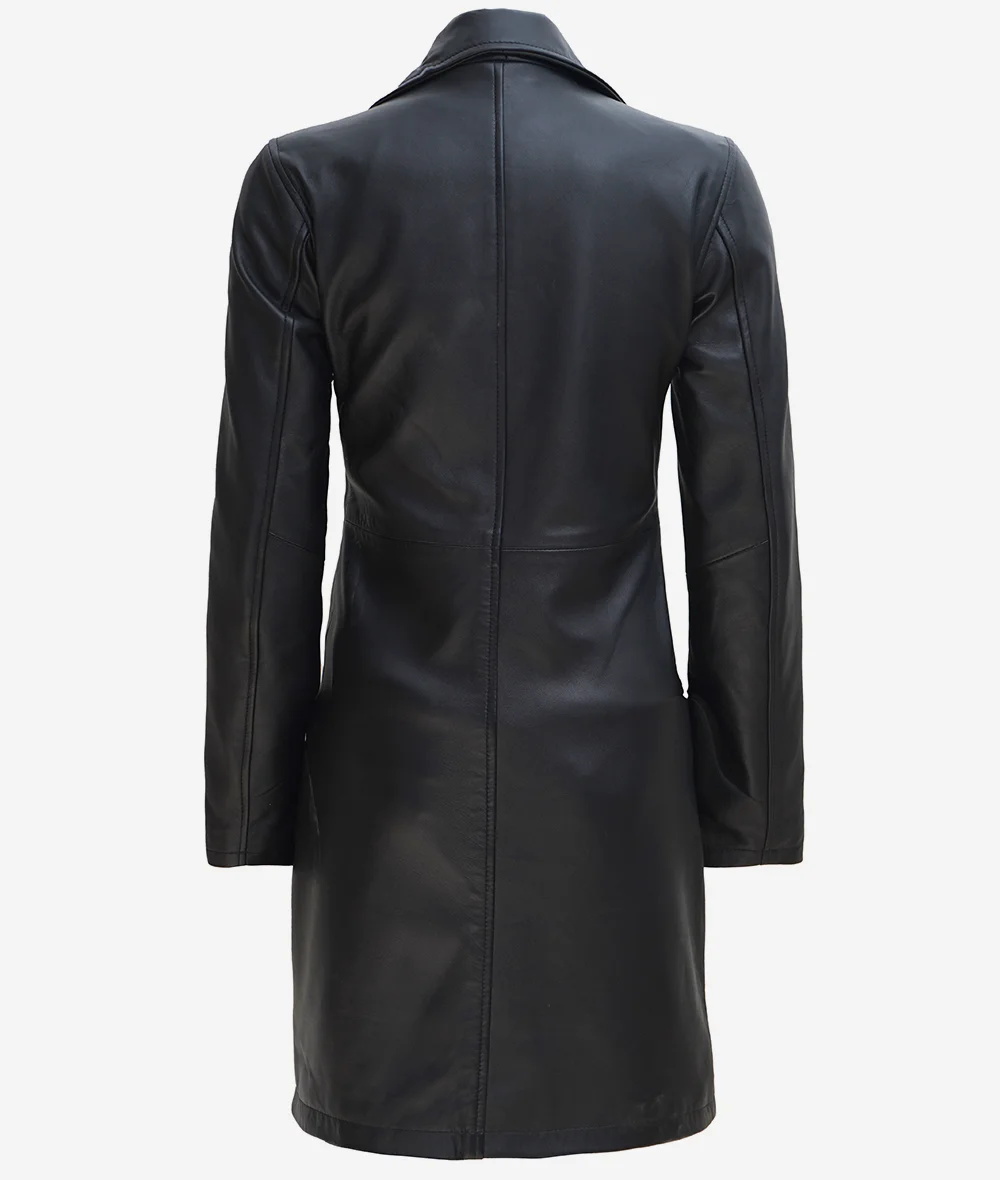 Women's Long Black Leather Trench Coat