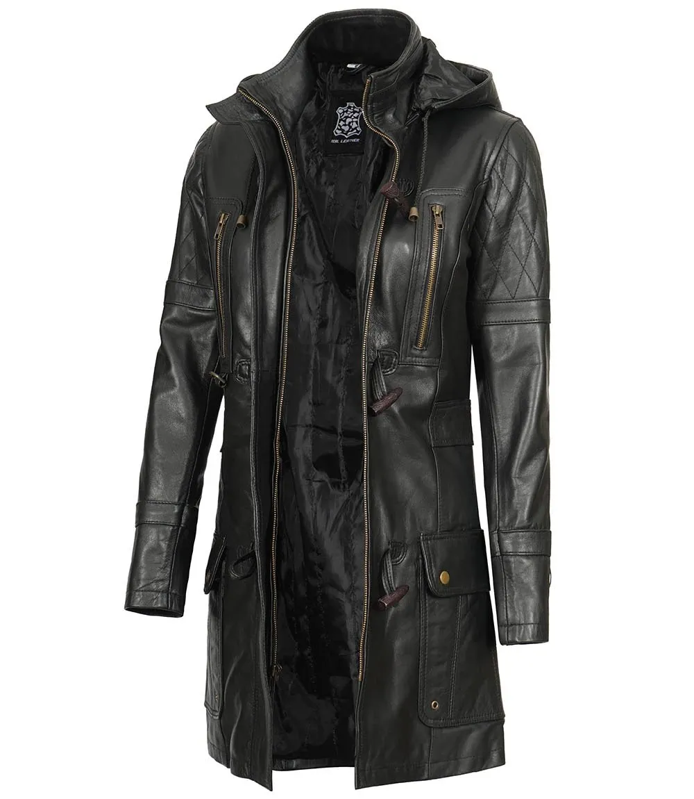 Women's Luxurious Black 3/4 Length Hooded Leather Coat