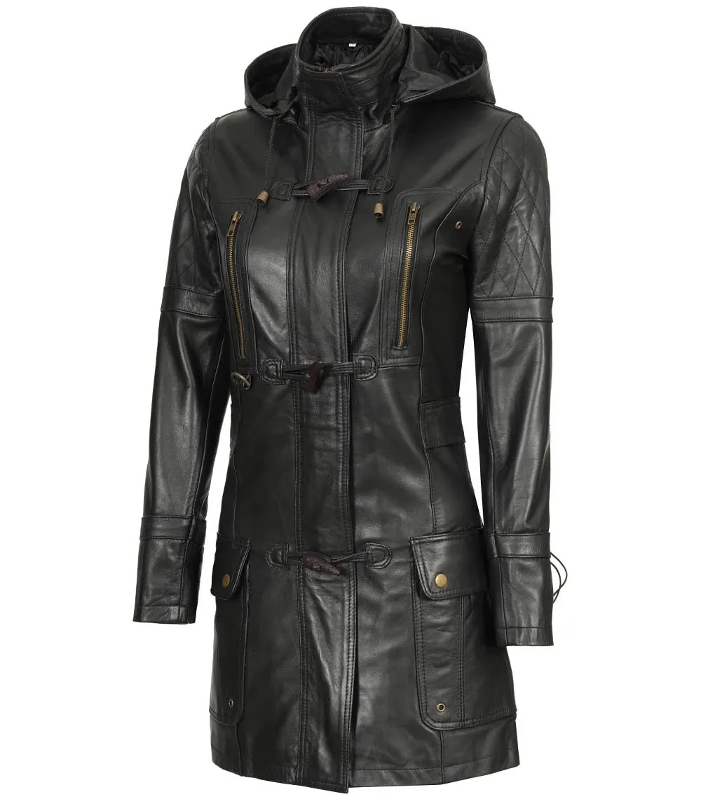 Women's Luxurious Black 3/4 Length Hooded Leather Coat