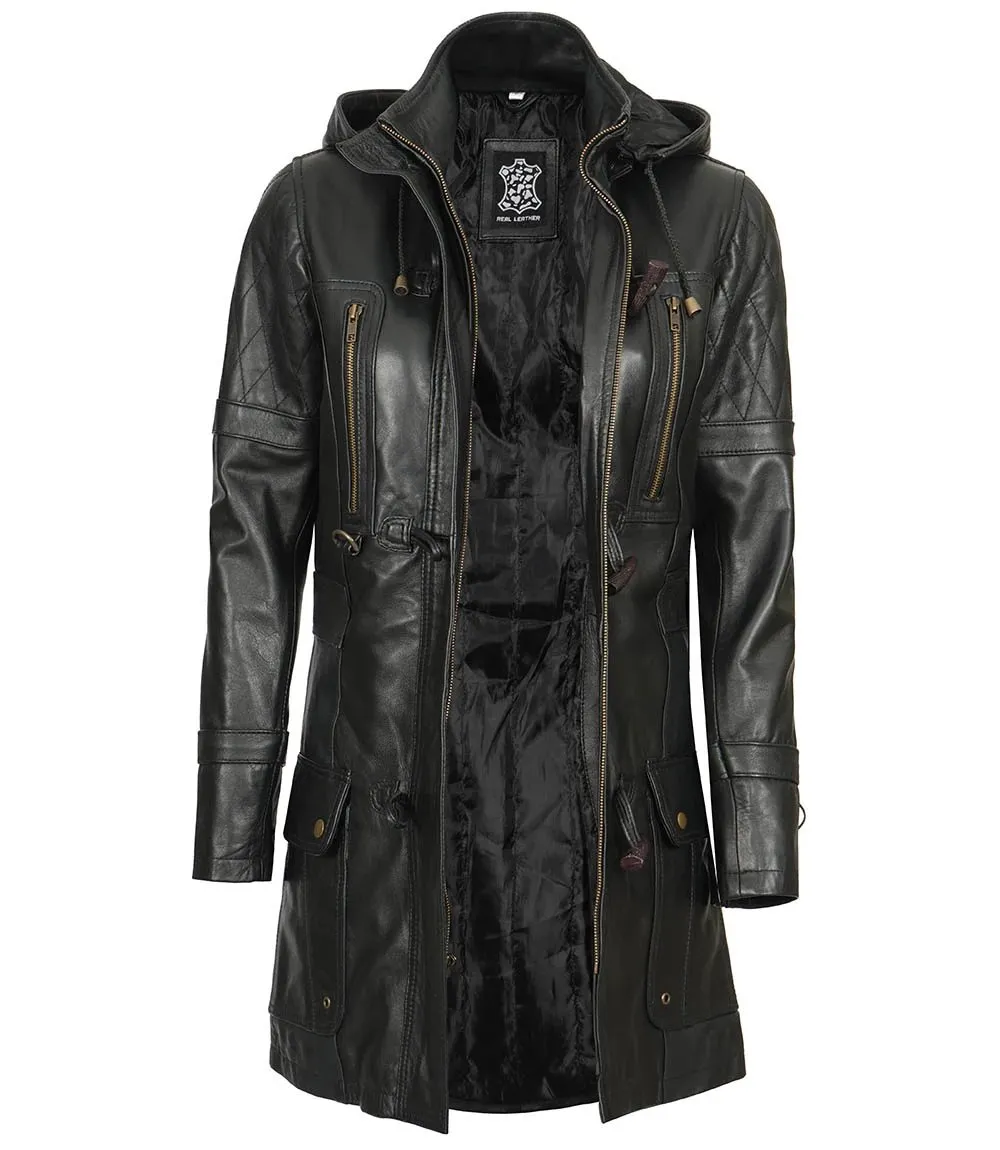 Women's Luxurious Black 3/4 Length Hooded Leather Coat