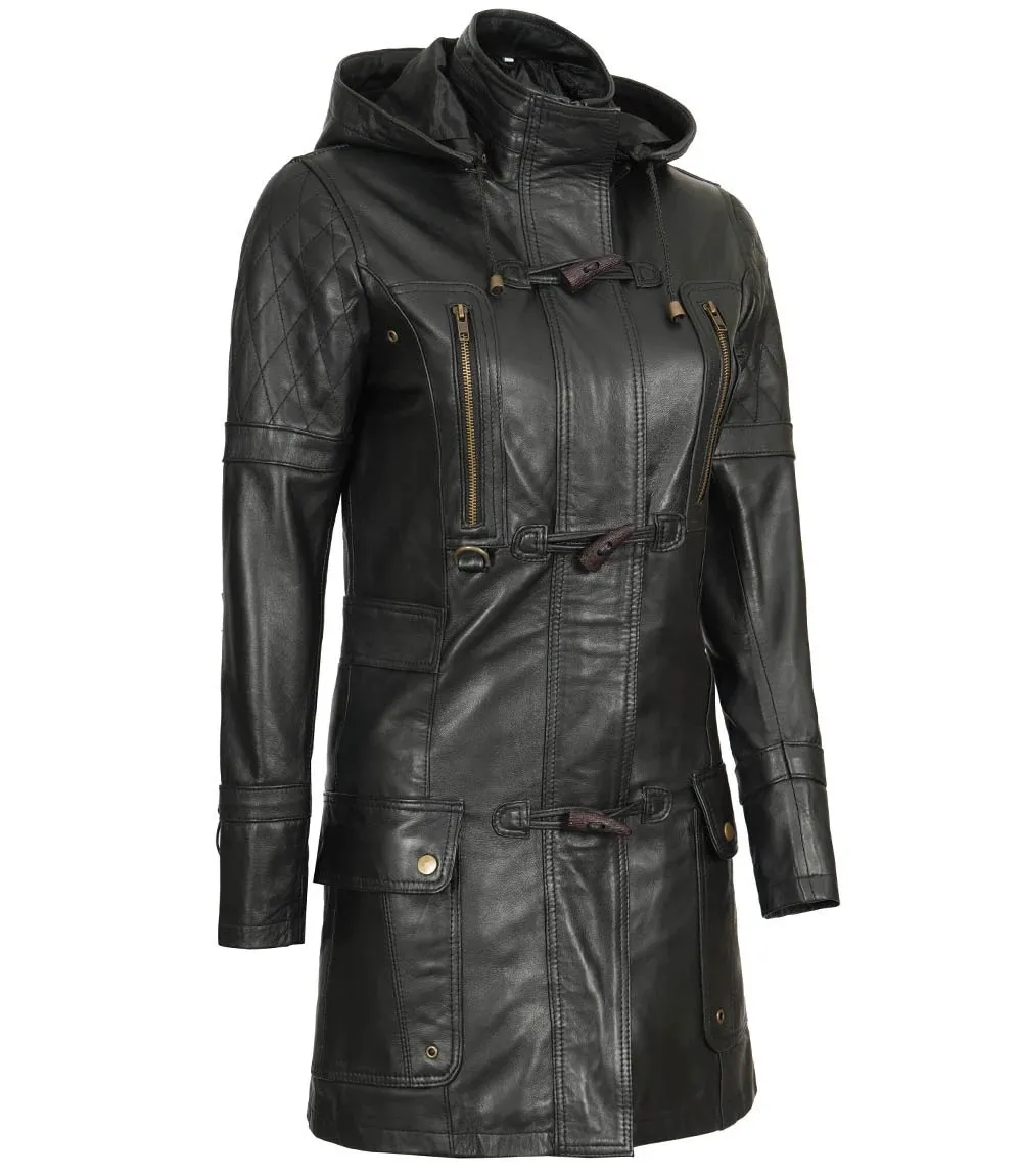 Women's Luxurious Black 3/4 Length Hooded Leather Coat