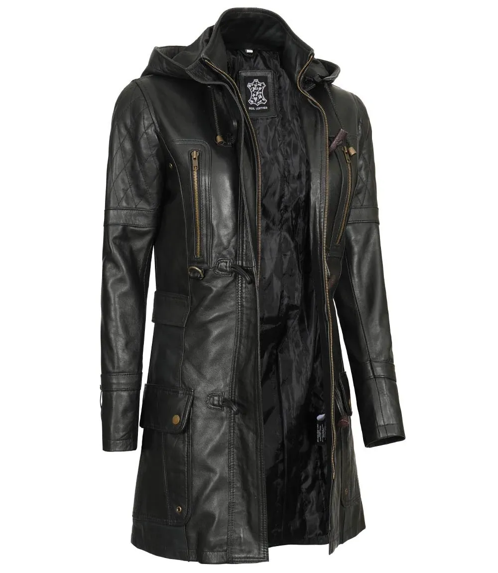 Women's Luxurious Black 3/4 Length Hooded Leather Coat