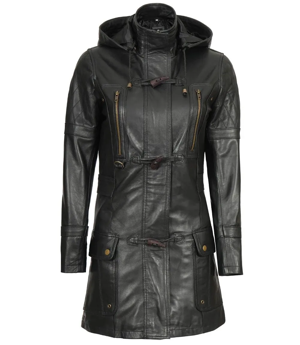 Women's Luxurious Black 3/4 Length Hooded Leather Coat