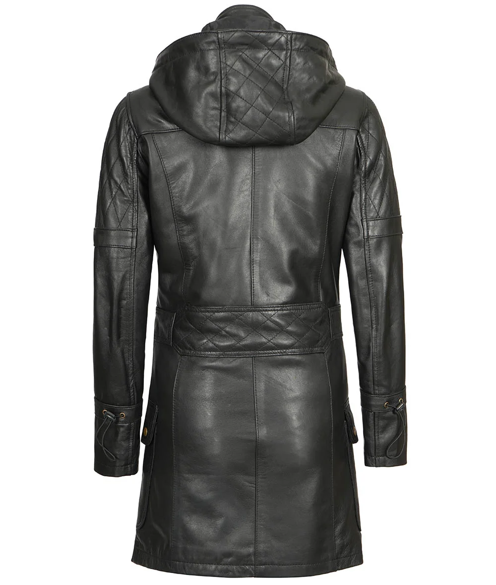 Women's Luxurious Black 3/4 Length Hooded Leather Coat