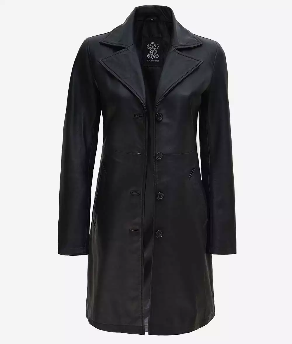 Women's Tall Black Wide Collar 3/4 Length Leather Coat