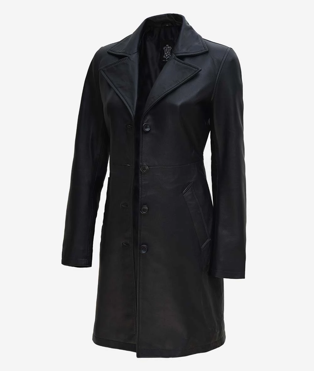 Women's Tall Black Wide Collar 3/4 Length Leather Coat