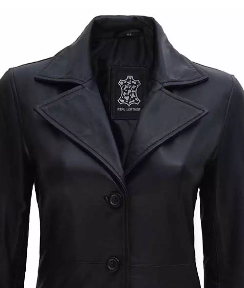 Women's Tall Black Wide Collar 3/4 Length Leather Coat