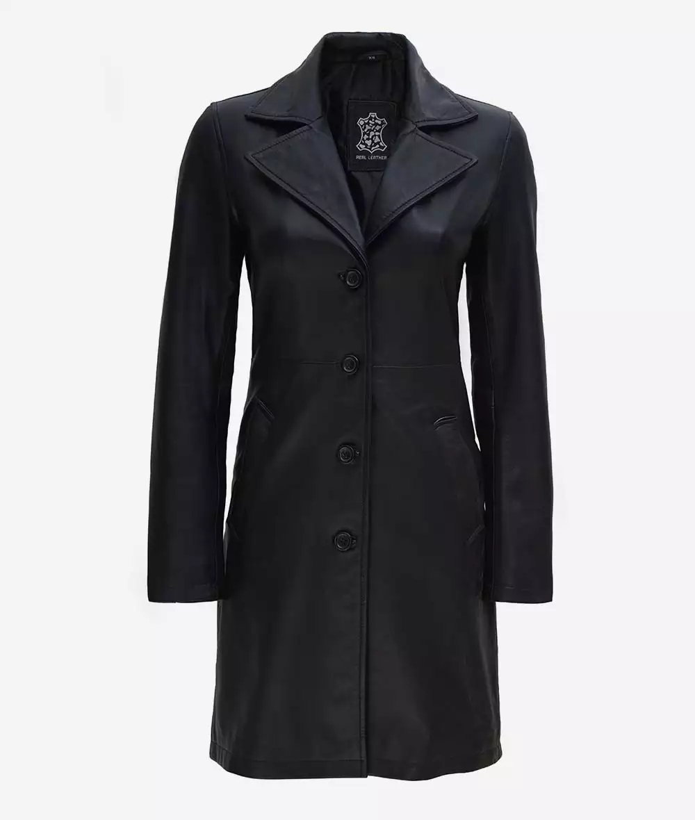 Women's Tall Black Wide Collar 3/4 Length Leather Coat