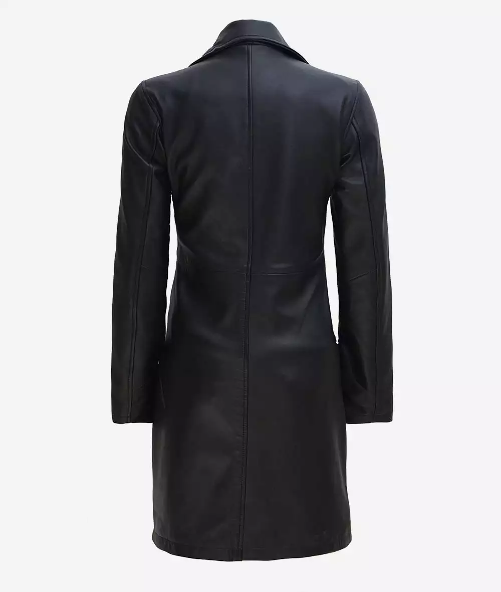 Women's Tall Black Wide Collar 3/4 Length Leather Coat