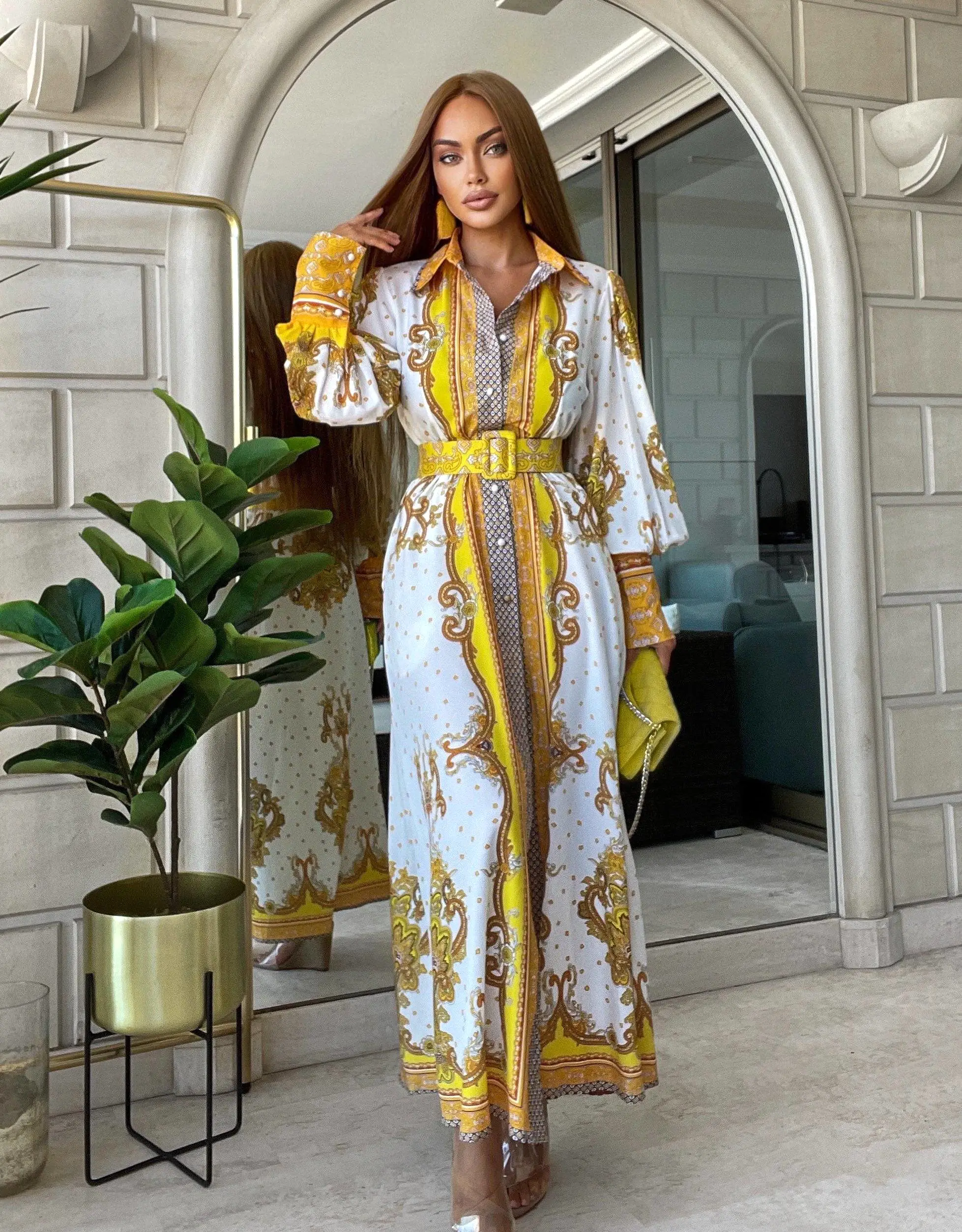 Yellow Ethnic Print Long Shirt Dress