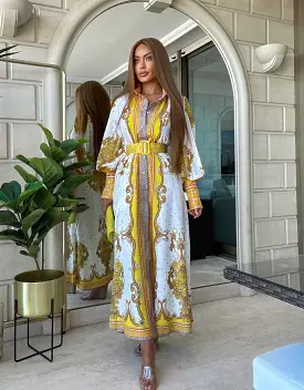 Yellow Ethnic Print Long Shirt Dress