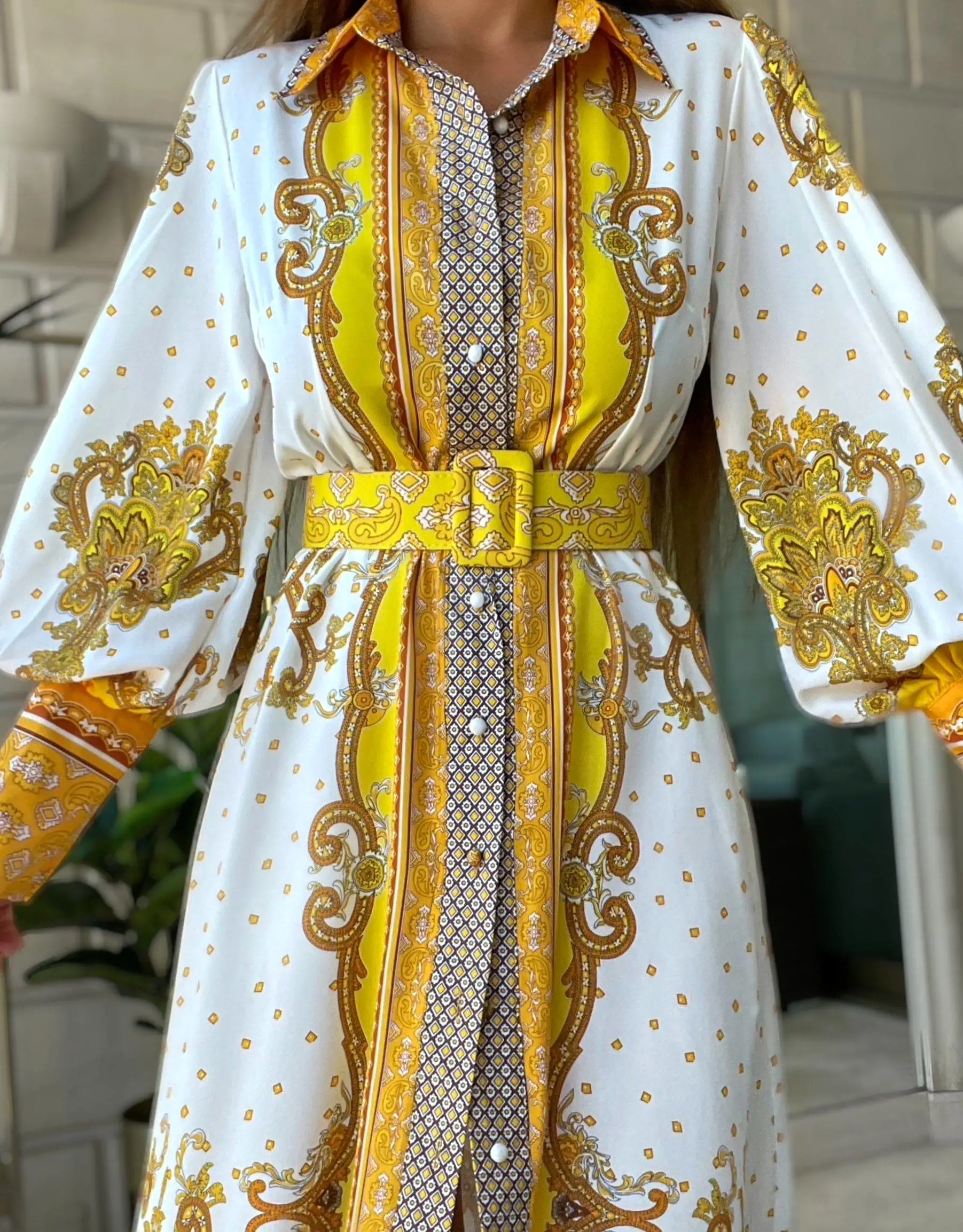 Yellow Ethnic Print Long Shirt Dress