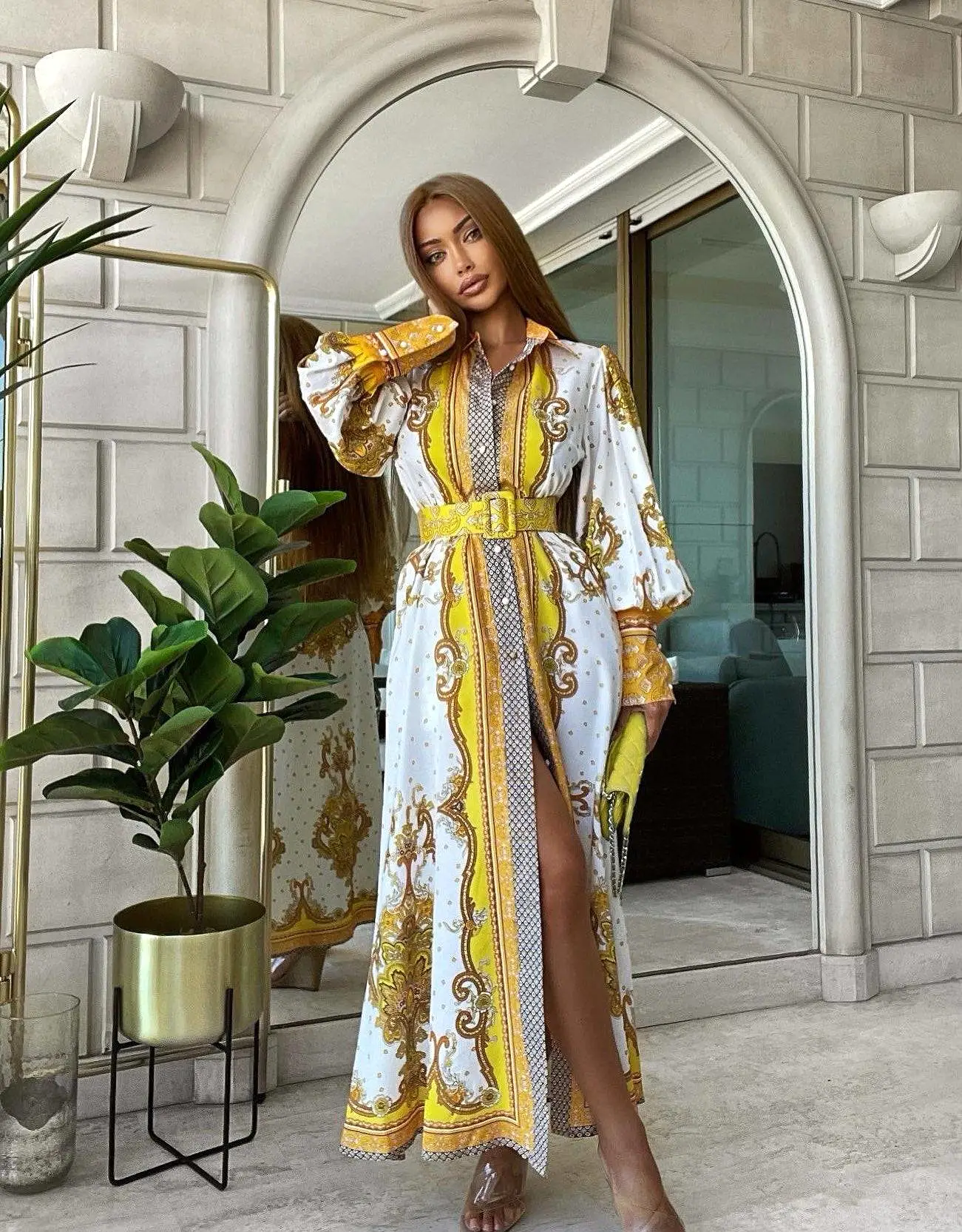 Yellow Ethnic Print Long Shirt Dress