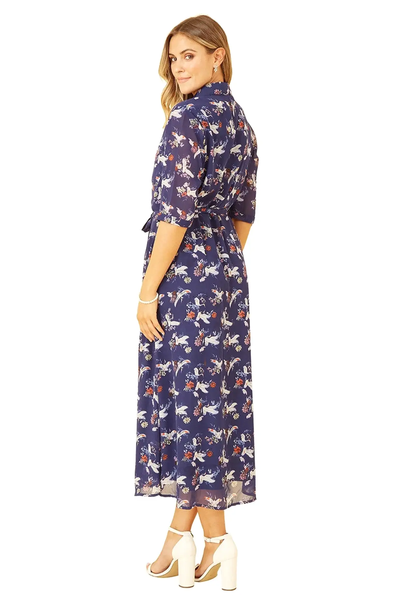 Yumi Navy Crane Print Midi Shirt Dress