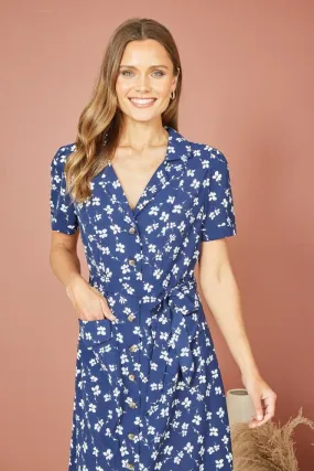 Yumi Navy Daisy Print Retro Shirt Dress